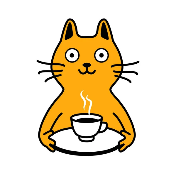 Симпатичная Улыбающаяся Желтая Кошка Угощает Кофе Чаем Траве Кофе Постель — стоковый вектор