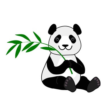 Tatlı gülümseyen panda bambu dalıyla oturuyor. Vektör karikatür çizimi beyaz arkaplanda izole edildi.
