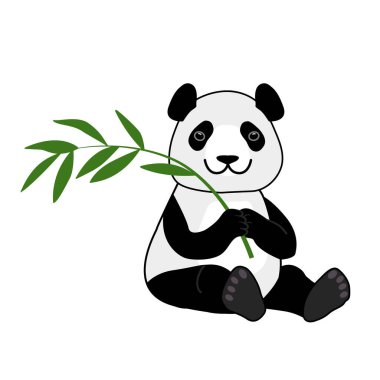 Tatlı gülümseyen panda bambu dalıyla oturuyor. Vektör karikatür çizimi beyaz arkaplanda izole edildi.