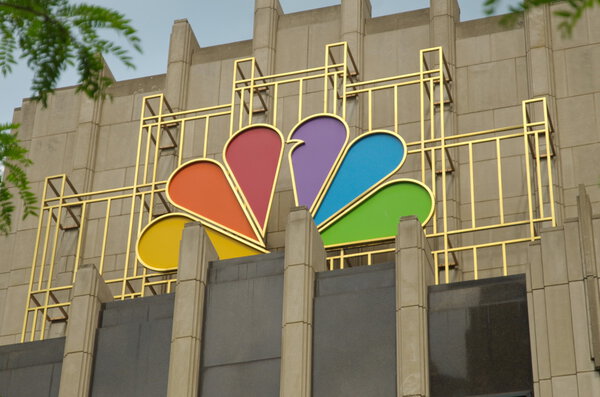 CHICAGO, IL, USA - NBC tower peacock logo. Headquarters facade.