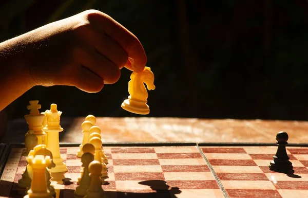 A business game competitive strategy with chess board game using a white horse chess piece