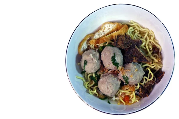 Close Bakso Meatball Noodle Traditional Food Indonesia Top View Isolated — Stock Photo, Image