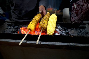 Bambu şişlerindeki sarı mısırlar sıcak kömürde kızartılıyor..