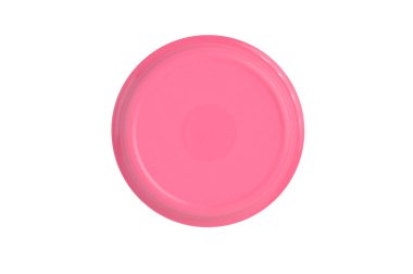Beyaz arka planda pembe tabağın üst görüntüsü. Saklama kabı markası.