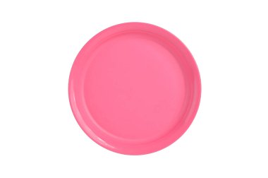Beyaz arka planda pembe tabağın üst görüntüsü. Saklama kabı markası.