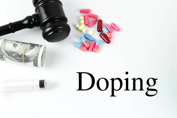Фраза Doping Написана Білому Тлі Таблетками Суддя Дарував Грошові Купюри — стокове фото