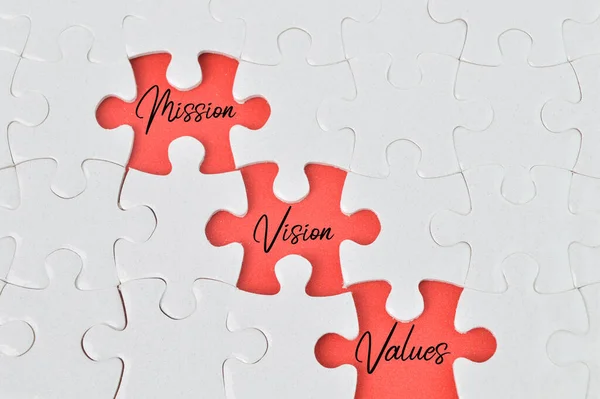 Missing jigsaw puzzle with the word MISSION, VISION and VALUES.