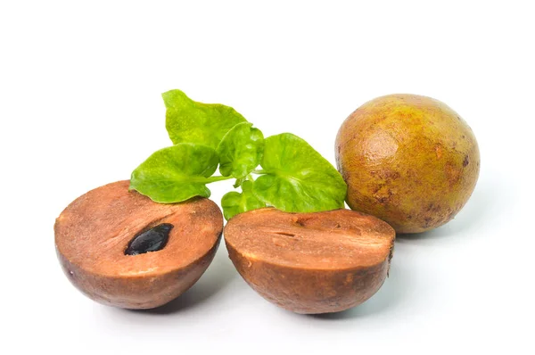 Sapodilla Fruit Green Leaves Isolated White Background — Stock Photo, Image