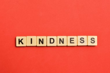 Kırmızı arkaplan üzerinde KINDNESS yazılı alfabe harflerinin üst görünümü