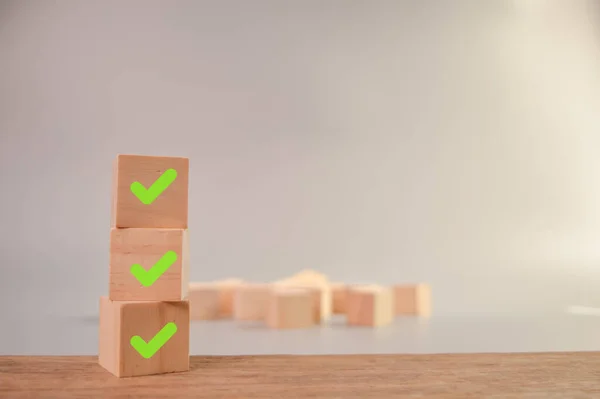 Check Mark Icons Wooden Cube Blocks — Stock fotografie