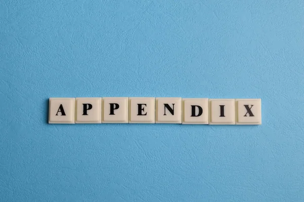 Mavi arkaplanda APPENDIX metni olan kare harfler izole edildi