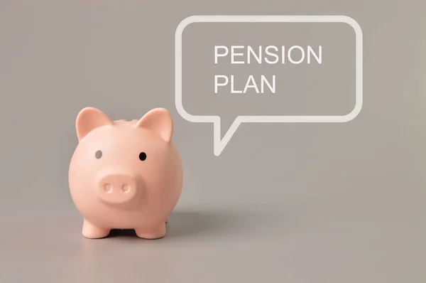 Front view of piggy bank with text PENSION PLAN.