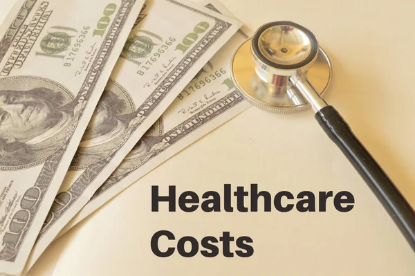 Stethoscope Money Banknotes Text Healthcare Costs — Stock Photo, Image