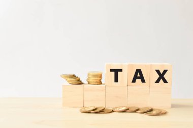 Üzerinde vergi yazan bir yığın bozuk para ve tahta bloklar.