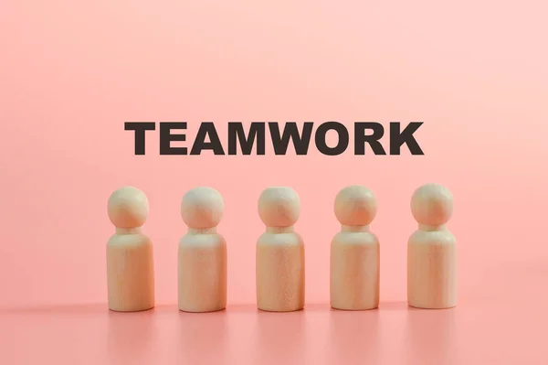 Wooden Figures People Standing Row Text Teamwork — Stock Photo, Image