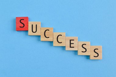 Tahta kare harfler ve SUCCESS. Üst görünüm