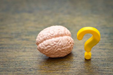 Parlak sarı bir soru işaretinin yanında insan beyninin anatomik modeli, psikolojik soruşturmayı, akıl sağlığını ve bilgi arayışını simgeliyor..