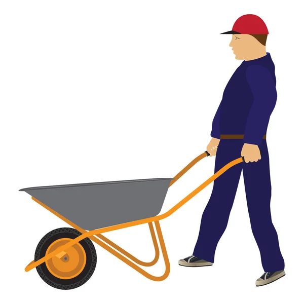 Trabajador Con Una Carretilla Carro Herramienta Construcción — Vector de stock