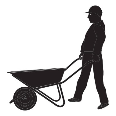 El arabası olan bir işçi. Siluet. Yapı aracı.