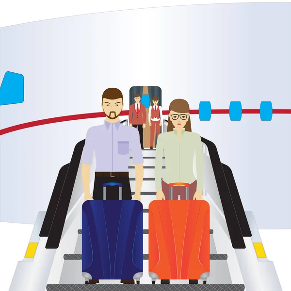 승객들은 비행기의 사다리에 승객들은 비행기에 올라탄다 승객들 비행기에 준비를 있습니다 — 스톡 벡터