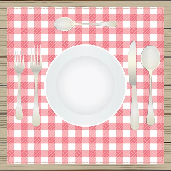 Ensemble de table, étiquette. Assiette, fourchette, cuillère, couteau, table-napki — Image vectorielle