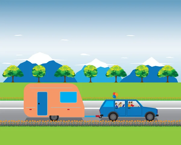 Family traveling by car with trailer. — Stock Vector