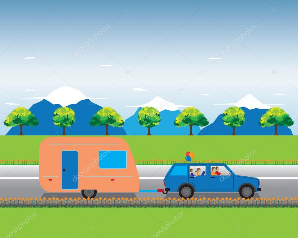 Family traveling by car with trailer.