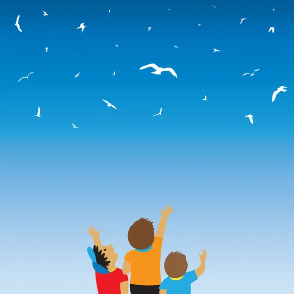 Children and birds in the sky. Childhood. — Stock Vector