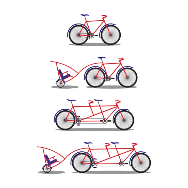 Fiets- en tandem-fiets. Verschillende soorten. — Stockvector