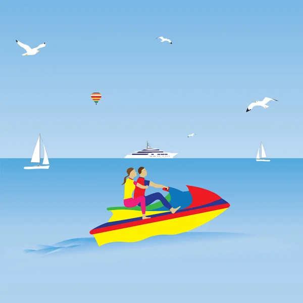 Couple on a jet ski. Summer vacation. Water sports. — Stock Vector