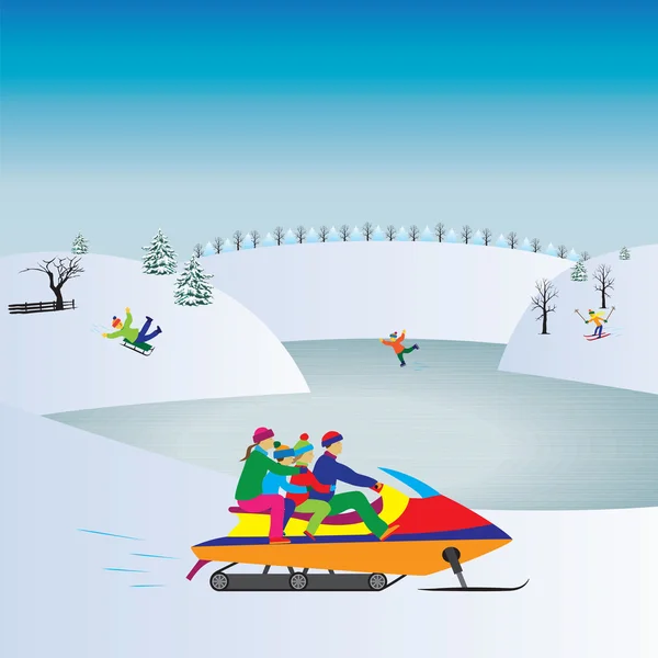 Familia feliz en una moto de nieve. Vacaciones de invierno. Familia activa . — Vector de stock