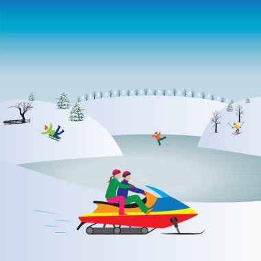 Bir kar arabası çift. Kış, Noel tatil.