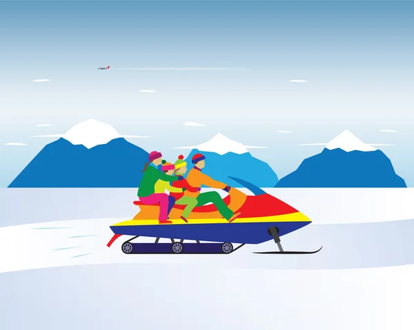 Gelukkige familie op een sneeuwscooter in de bergen. Winter, kerst — Stockvector