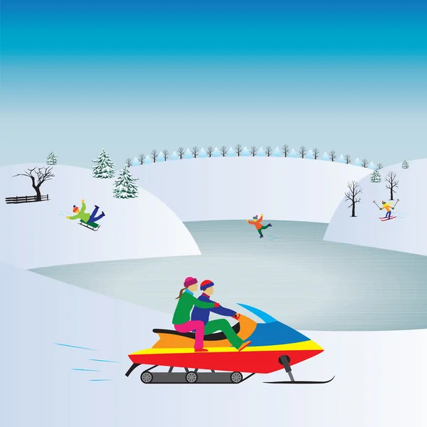 Koppel op een sneeuwscooter. Winter, vakantie van Kerstmis. — Stockvector