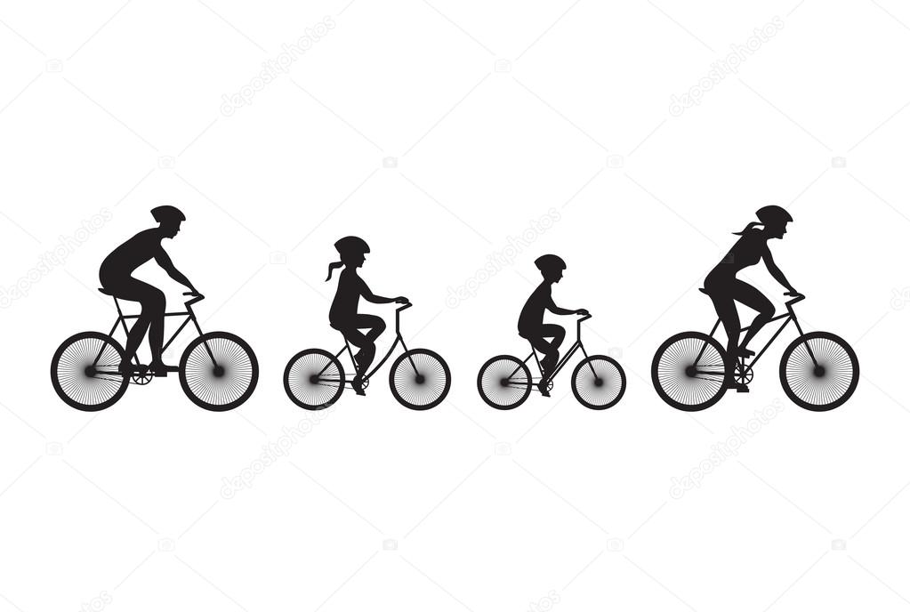 Silhouette of family on bicycles.