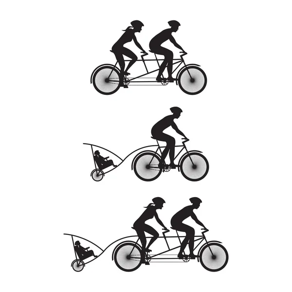 Familiensilhouette auf Fahrrädern. Fahrrad und Tandemfahrrad. — Stockvektor