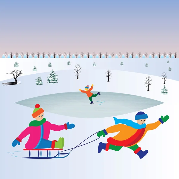 Enfants avec traîneau. Vacances de Noël . — Image vectorielle