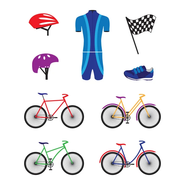 Vélos et équipements sportifs pour le cyclisme . — Image vectorielle