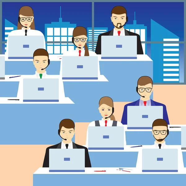 Men and women working in a call center. Support service. — Stock Vector