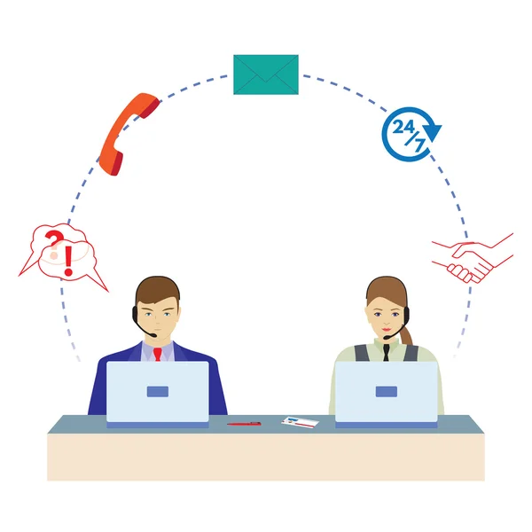 Man and woman working in a call center. Support service. — Stock Vector