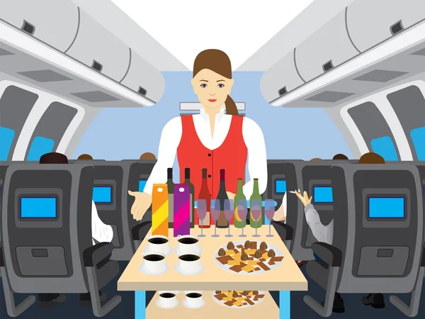 Azafata en el salón del avión . — Vector de stock