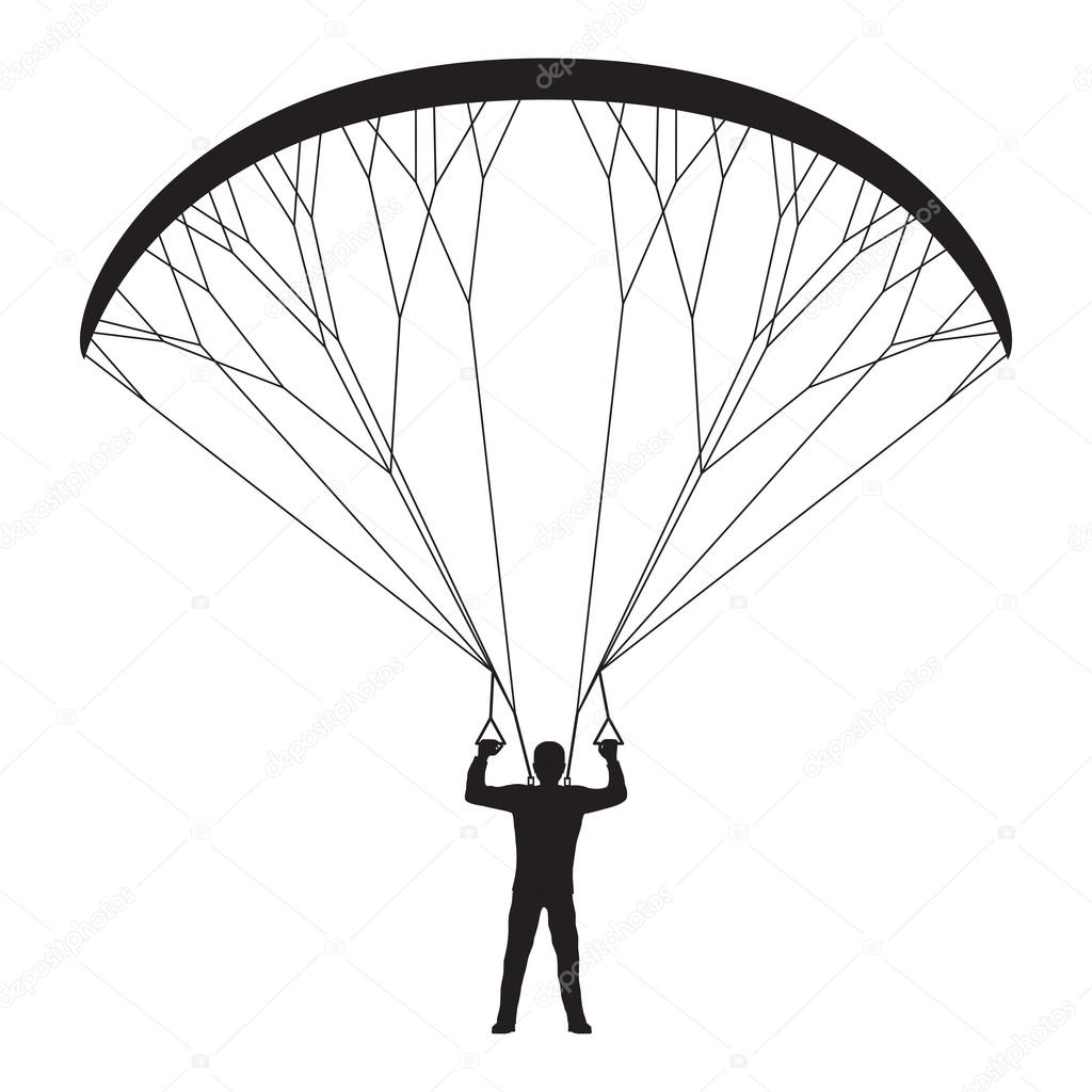 Black silhouette of a man with a paraglider.