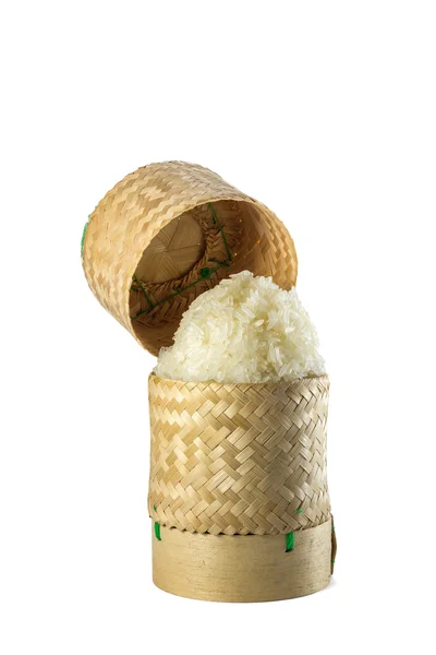 Wicker bambu klibbigt ris tradition hemslöjd med vit bakgrunds — Stockfoto