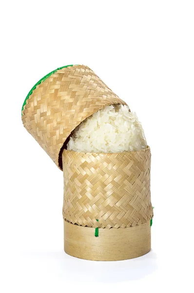 Wicker bambu klibbigt ris tradition hemslöjd med vit bakgrunds — Stockfoto