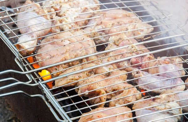 Terbiye edilmiş tavuk eti ateşte. Izgarada çiğ tavuk pişirilir. Doğada yaz barbeküsü. Çiğ tavuk eti taze sebzelerle marine edilir..
