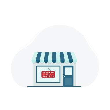 Depo ikonu. Kırmızı kapalı işareti. İspanyolca Covid-19 yüzünden kapatılmış. Cerrado por Covid-19. Vektör illüstrasyonu, düz tasarım