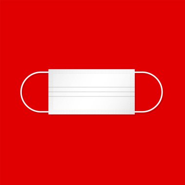 Kırmızı arka planı olan beyaz tıbbi koruyucu maske. Grip salgını kavramı, halk sağlığı riski, MERS CoV, SARS-CoV, Wuhan virüsü. Vektör illüstrasyonu, düz tasarım