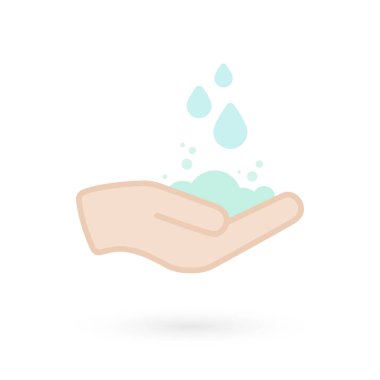 El yıkama ikonu. Su ve sabun sembollü bir el. Virüslere, bakterilere, gribe, koronavirüse karşı önlem. Temizlik, temizlik, dezenfeksiyon kavramı. Vektör illüstrasyonu, düz tasarım