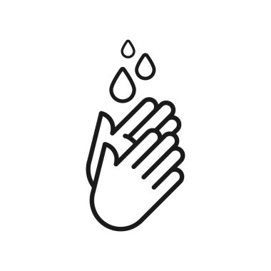 El yıkama ikonu. Ellerinde su damlası sembolü olan eller. Taslak sembol. Virüslere, bakterilere, gribe, koronavirüse karşı önlem. Hijyen, temizlik, dezenfeksiyon kavramı. Vektör çizimi, düz tasarım.