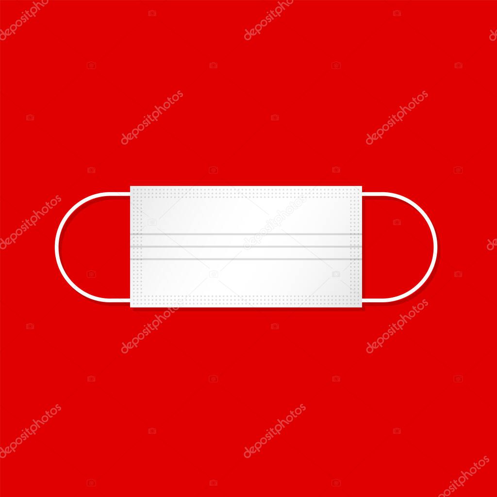 White medical protective mask with red background. Concept of flu outbreak, public health risk, MERS- CoV, SARS-CoV, Wuhan virus. Vector illustration, flat design